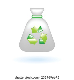 3D Recycle Trash Bag Garbage Bag Icon. Eco Sustainability Environmental Concept. Glossy Glass Plastic Color. Cute Realistic Cartoon Minimal Style. 3D Render Vector Icon UX UI Isolated Illustration.