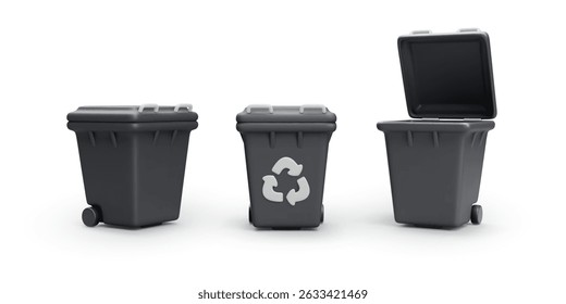 3d Recycling Trash Bin in Black Color From Multiple Angles. Realistic Waste Container with Recycle Symbol and Lid. Ideal for Sorting and Industrial Cleanup. Vector Illustration