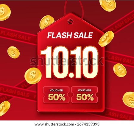3d red 10.10 Flash sale banner tag template with gift voucher, coupon code, 50% off, isolated background with flying golden coins. October 10 Flash sale coupon banner template in 3d vector