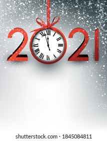 3d red 2021 sign with clock showing three minutes to midnight instead of 0 in 2021. 2021 hanging on red ribbon with bow like christmas tree toy. Grey background with shiny lights. Vector holiday illus