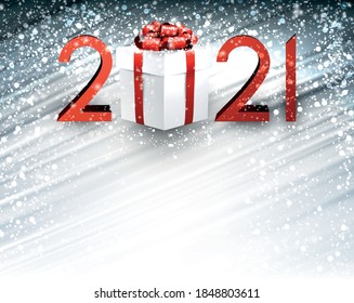 3d red 2021 sign with white present box with red ribbon with big bow. Grey brushstrokes background. Snow weather. Some space for your text. Vector holiday illustration.