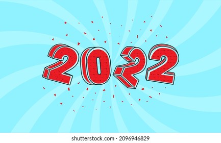 3D Red 2022 Number In Dotted Effect And Confetti On Blue Swirl Rays Background.