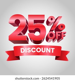 3D Red 25 Percent Off Discount Banner with Shiny Ribbon, Bold Typography, and Promotional Sale Design for Advertising and Marketing