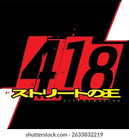 3D red 418 number vector and KING OF THE ROAD text in Japanese spelling, simple vehicle sticker print design.