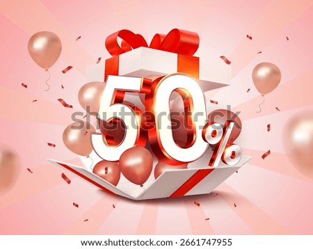 3d red 50 percent off with exploded gift box, flying balloons and confetti effect, isolated on background. Discount gift banner template in 3d vector
