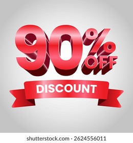 3D Red 90 Percent Off Discount Banner with Shiny Ribbon, Bold Typography, and Promotional Sale Design for Advertising and Marketing