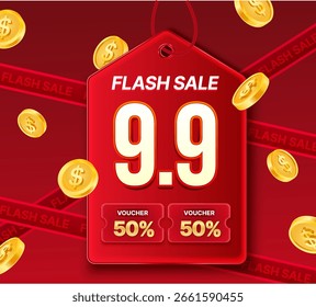 3d vermelho Flash venda banner tag template com voucher presente, código do cupom, 50% de desconto, fundo isolado com moedas de ouro voador. Modelo de faixa de cupom de venda flash na ilustração de vetor 3d