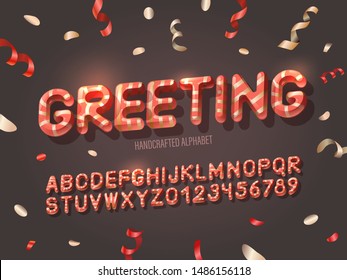 3D red alphabet with golden stripes for 
New Year celepration and corporate party. Greeting phrase on a dark background with confetti and serpentine