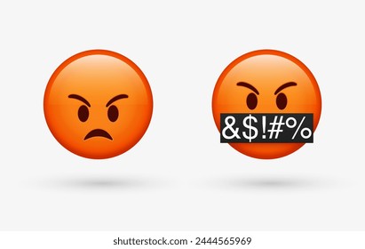 3d Red Angry emoji Face, emoticon Face with Symbols Over Mouth, Serious Face with Symbols Covering Mouth, red mad, Grumpy, angry emotion, Swearing, Grawlix, Cussing, Cursing character