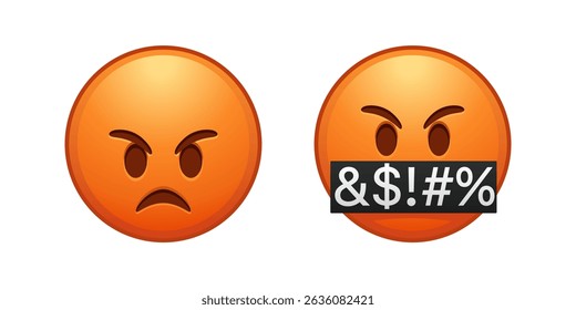 3d red angry emoji face, emoticon face with symbols over mouth, serious face with symbols covering mouth, red mad, Grumpy, angry emotion, swearing, vector 10 eps.