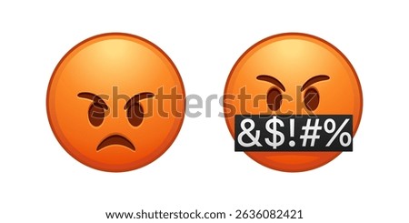 3d red angry emoji face, emoticon face with symbols over mouth, serious face with symbols covering mouth, red mad, Grumpy, angry emotion, swearing, vector 10 eps.