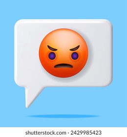 Emoticon enojado rojo 3D en burbuja de chat aislado. Emoji enojado o triste. Cara de Infeliz. Comunicación, Web, Redes sociales, Botón de aplicación. Ilustración vectorial realista