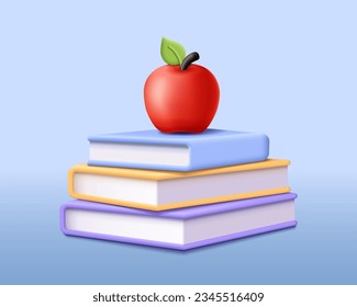 3d red apple and books vector icon. Render apple with books for education, back to school, knowledge concept. 3d rendering red apple and books cartoon minimal illustration