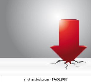 3d red arrow breaking iced floor. Sales or crisis concept. Vector illustration.