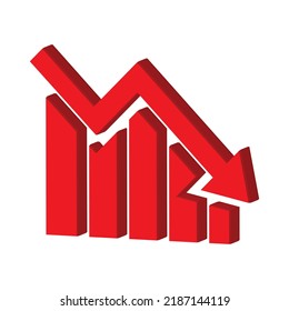 3d Red arrow going down stock icon on white background. Bankruptcy, financial market crash icon for your web site design, logo, app, UI. graph chart downtrend symbol.chart going down sign.