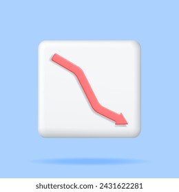 3D Red Arrow Going Down Isolated. Render Arrow Moving Down. Downtrend or Crash Symbol. Business Market Sales Low. Financial Business Investment, Trade. Bankruptcy, Crisis or Risk. Vector Illustration