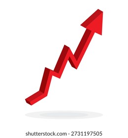 Gráfico de seta vermelha 3D subindo para cima, vetor isolado. Gráfico de Crescimento de Negócios, Recuperação Dinâmica Do Mercado de Ações Financeiras, Tendência Econômica Volátil, Aumento de Lucro, Sucesso Sólido e Conceito de Estatísticas Do Comércio.