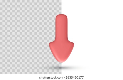 3D red arrow pointing down with rounded top and sharp tip, isolated on transparent and white background. Stylized vector illustration for data loss or negative trend visuals.