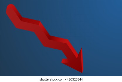 3D red arrow pointing down representing loss. 3D red arrow with shadow pointing down with blue gradient background and barely visible grid. Infographics element.