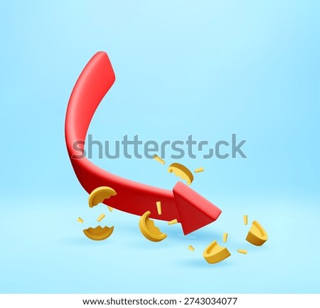 3d Red arrow pointing downward with shattered gold coin pieces. Financial crisis concept illustrating business downturn, loss, and instability. Vector illustration