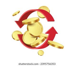 3D red arrows revolve around gold coins or dollar coins. For designing cash back or refund advertisements, vector 3d isolated on white background for cash back, financial promotion design