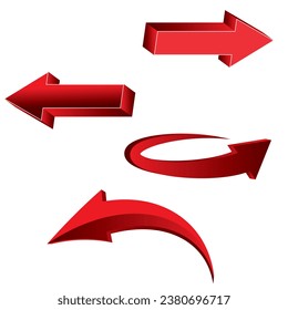 3D Rote Pfeile Set. Satz roter 3D glänzender Pfeile. Pfeil in 3D-Symbolen, rote Pfeile für App, Web und Musik, digitales Illustrationsdesign. Vektorgrafik