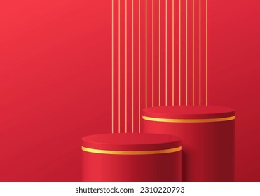 Fondo rojo 3D con cilindro dorado realista podio y escena vertical de pared de luz de neón. Pantalla mínima de producto de simulación. Resumen de las plataformas geométricas. Muestra de escenario. Representación vectorial 3D