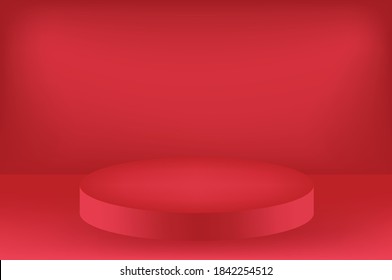 3D Red background room studio with circle podium in the middle. Vector illustration 3D stage empty space for your product.