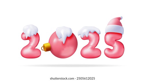 Globo rojo 3D 2025 Año Nuevo símbolo aislado. Render rojo 2025 número de decoración de fiesta de vacaciones. Fuente brillante de globo metálico. Año Nuevo y celebración de Navidad. Ilustración vectorial realista