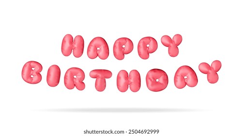 3d red balloon text of happy birthday isolated. Render shiny balloon font for birthday celebration. Decorative rubber symbols for banner, cover, holidays, anniversary party. Vector Illustration