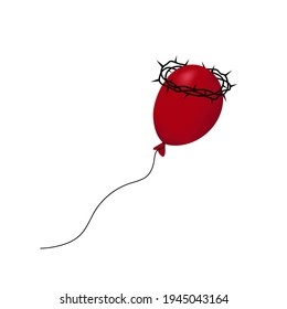 3d Red balloon with a wreath of thorns, symbolizing faith, perseverance, strength. Religion concept design banner, poster, placard. Vector illustration