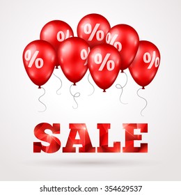  3d red balloons with percents.  Vector illustration. Sale Text with triangle glittering pattern. Design poster template for holiday event.