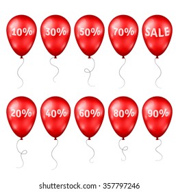 3d Red Balloons set isolated on white background with Percents and Sale Text. Vector illustration. Design elements template for holiday event. 