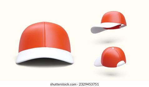 3D red baseball cap in different positions. Sports headgear for people of all ages. Vector illustration with shadow. Collection of icons for web design