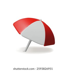 3d red beach umbrella 2. Travel vector illustration. Three-dimensional sun parasol for summer holiday season. Relax vacation. Sunshade protection on the sand, sea, ocean. Tropical rest in the shadow