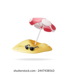 3d Red Beach Umbrella in Sand Isolated on White. Render Sun Shade Parasol with Sunglasses. Concept of Summer Holiday, Time to Travel. Beach Tanning Umbrella. Vector Illustration