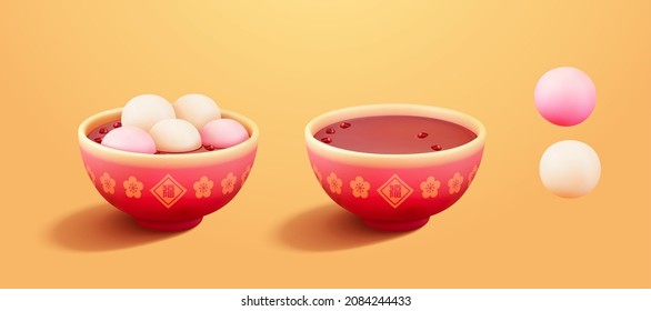 3D-Elemente für rote Bohnensuppe. 3D süße Azuki-Suppe mit klebrigen Reisbällen, auch bekannt als Oshiruko oder Zenzai in Japan und Hongdou Tangyuan auf Chinesisch