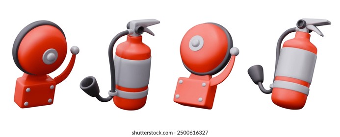 3D red bell for fire alarm, extinguisher. Set of colored elements in different positions