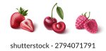 3D red berries set isolated on white background. Vector realistic illustration of fresh strawberry, cherry and raspberry, whole and half cut fruit for juice, yogurt or smoothie packaging, natural food