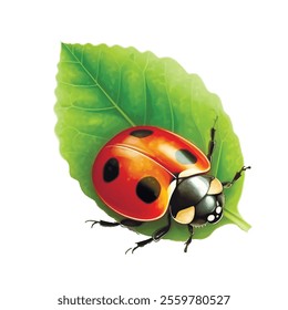 3d red and black cartoon ladybug on green leaf. Drawing surface isolated lady bug insect pattern illustration on white background. Decorative beautiful ornate design.