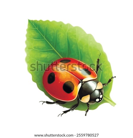 3d red and black cartoon ladybug on green leaf. Drawing surface isolated lady bug insect pattern illustration on white background. Decorative beautiful ornate design.