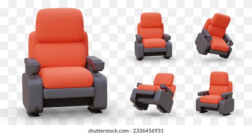 3D red and black cinema chair. Movie theater furniture with armrests, holders for glasses and snacks. Comfortable rest with watching movie. Set of vector images from different sides