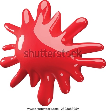 3D red blob cartoon plastic style vector icon. Abstract paint blot with splashes curved edges. Realistic bright slime, jelly stain, liquid dripping smudge. Dribble glossy surface design element