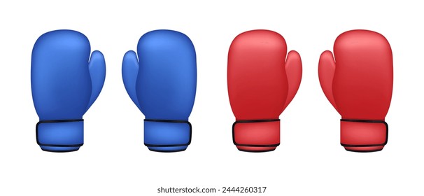 3D Rojo y azul Guantes de boxeo a la izquierda y a la derecha sobre fondo blanco. Guante de boxeo Realista par rojo de equipo de protección de puño de caja. Vector boxer ropa deportiva para el entrenamiento de ponche. Ilustración vectorial