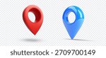 3d red and blue glossy map location pins with hole center isolated on transparent background, floating with soft shadow, modern gps navigation marker icons. Vector illustration