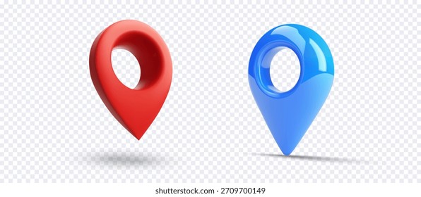 3D rojo y azul brillante mapa de ubicación pines con centro de agujero aislado sobre fondo transparente, flotando con sombra suave, modernos iconos de marcador de navegación GPS. Ilustración vectorial
