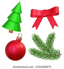 3d Red bow, Christmas ball, tree, evergreen pine tree branches set. Vector illustration. Realistic christmas collection. Xmas decoration for New year celebration