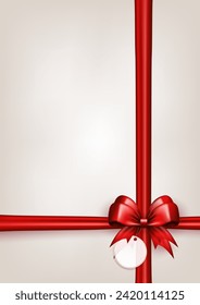 3 d arco rojo con cintas de seda horizontales y verticales y etiqueta de papel sobre fondo blanco con espacio de copia. Arco escarlata con cintas cruzadas como caja de regalo o tarjeta de saludo con lugar vacío para texto