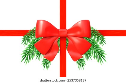 3d red bow with ribbon and Christmas tree branches for decoration gifts, greetings, holidays. Stock vector illustration isolated on white background.