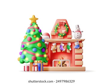 Chimenea de año nuevo de ladrillo rojo 3D aislada. Render chimenea decorada de Navidad con calcetines, árbol, regalos. Decoración feliz del año nuevo. Navidades de vacaciones. Año Nuevo y celebración de Navidad. Ilustración vectorial